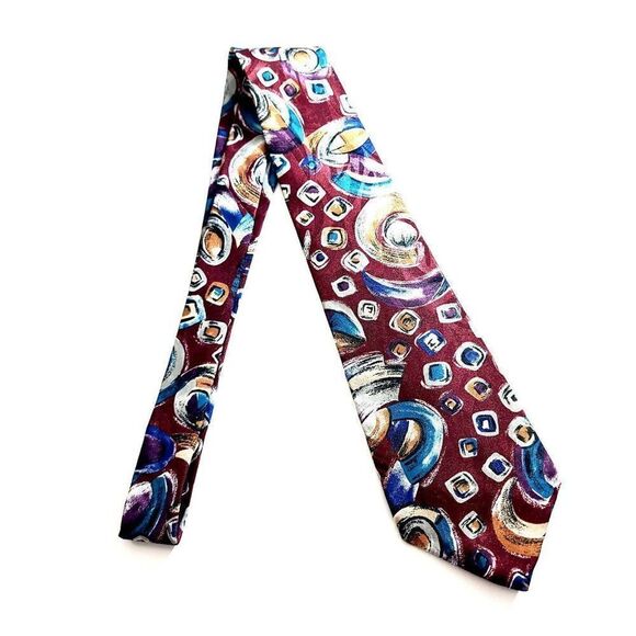 Alexander Lloyd Boston Red Teal Abstract Print Polyester Long Wide Tie USA - Picture 6 of 6